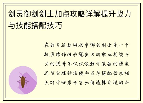 剑灵御剑剑士加点攻略详解提升战力与技能搭配技巧